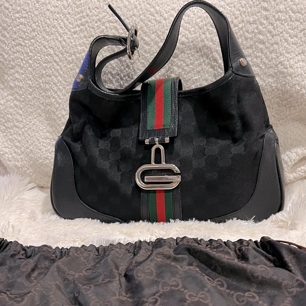 Vintage black canvas and gold hardware shoulder bag
